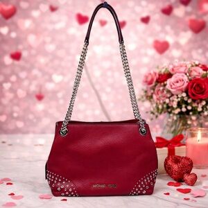 MICHAEL KORS RED FALL BAG‎ JET SET MULBERRY GOLD STUD CHAIN SHOULDER PURSE